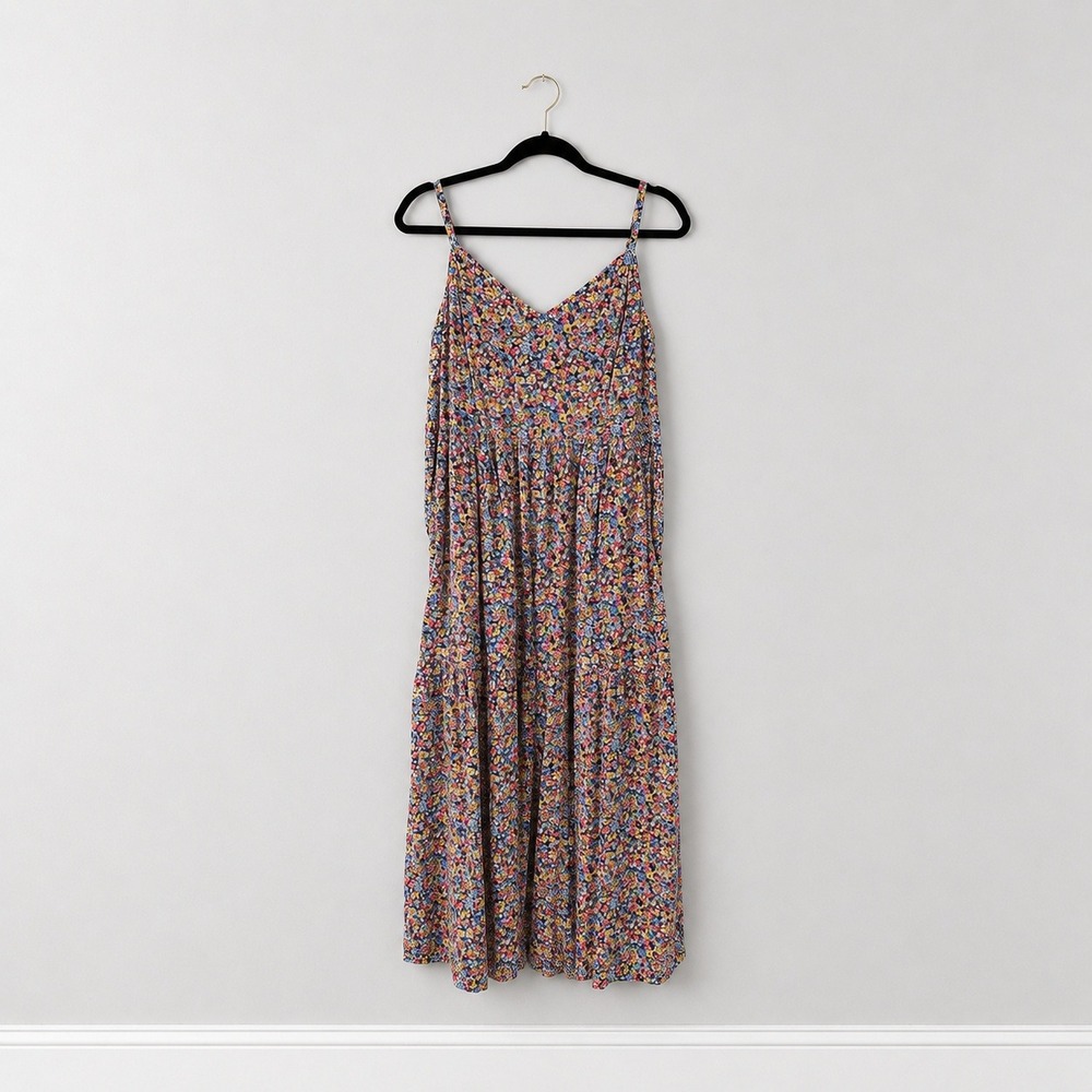 Old Navy XL Cami Floral Tiered Midi Dress Blue Pink Yellow Ditsy Print Pockets - Picture 2 of 7
